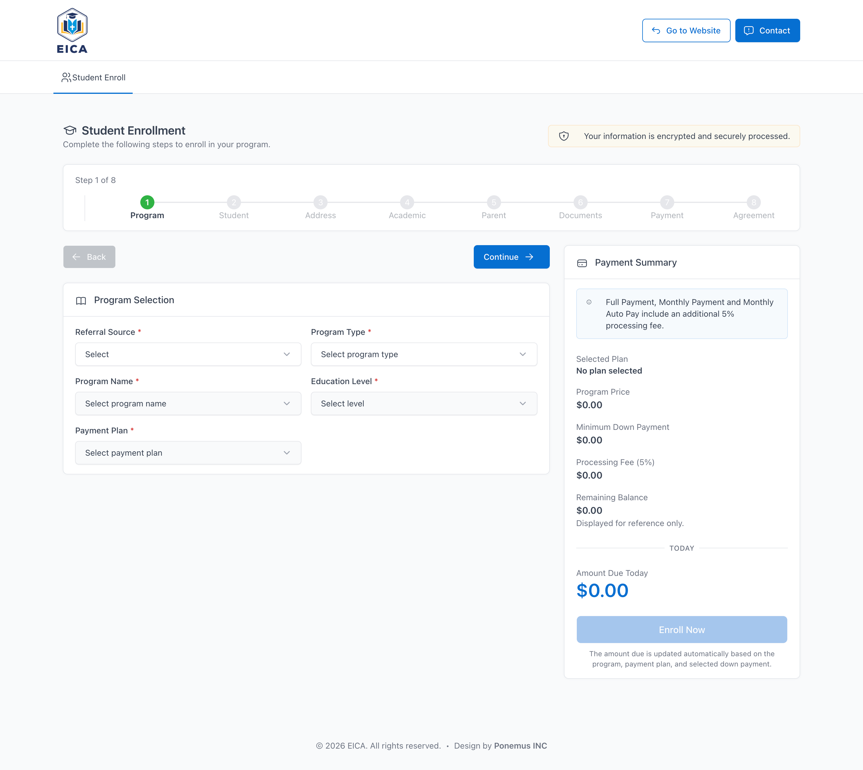 Screenshot of Student Enrollment Platform